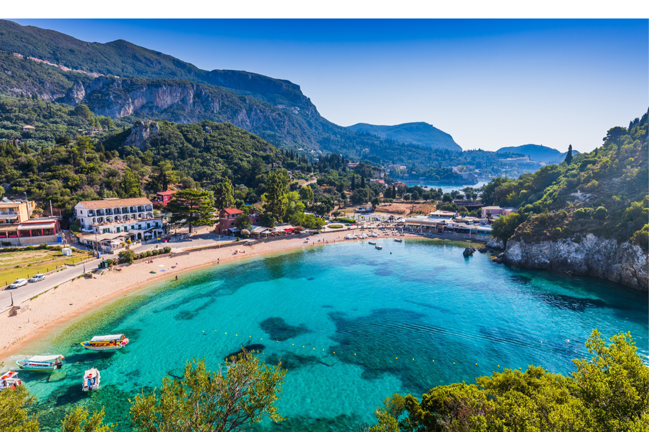 Corfu, Greece. Picturesque village of Paleokastritsa and its beach.